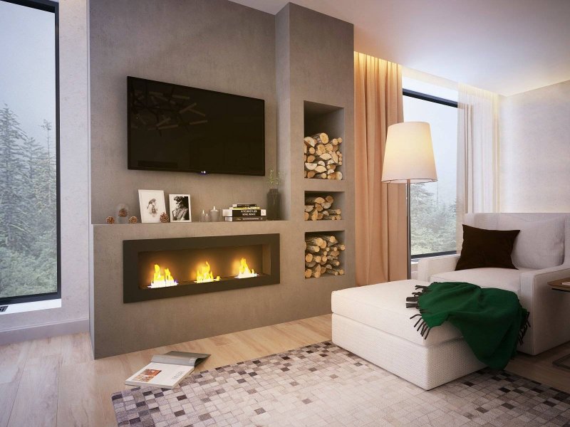 Electric fireplace in the interior of the living room