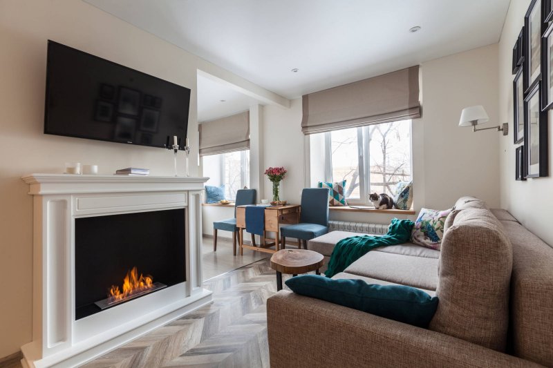 The living room with a fireplace