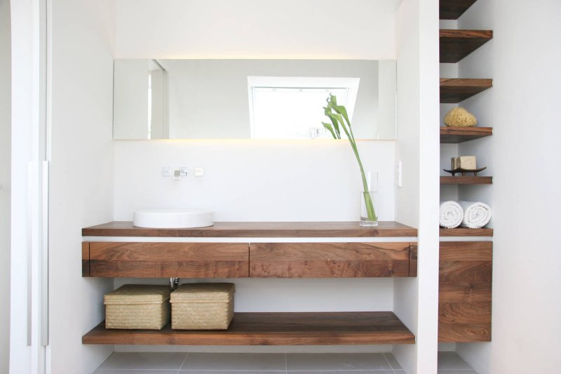 Wooden shelf in the bathroom