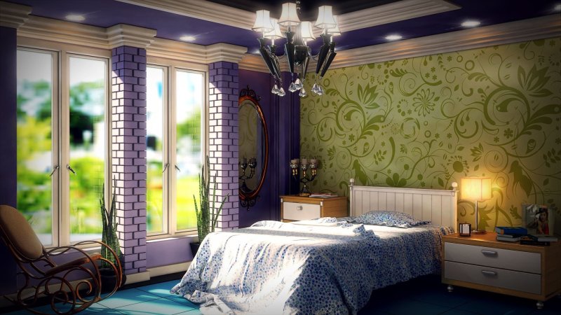 The bedroom with wallpaper