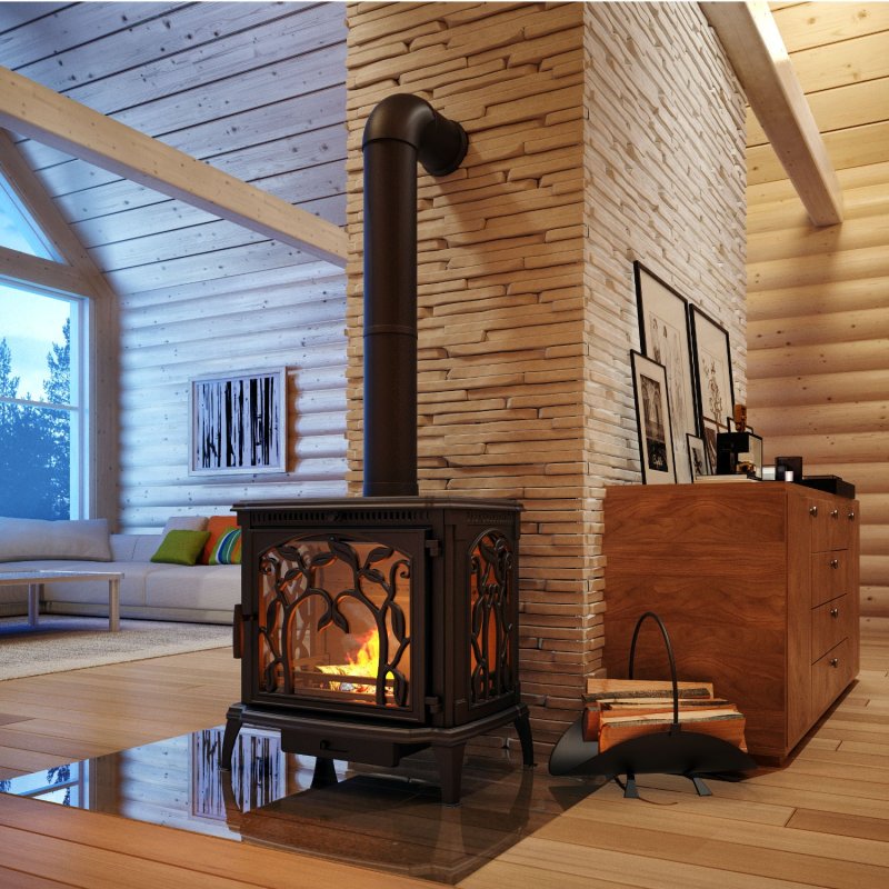 Stove fireplace in a wooden house