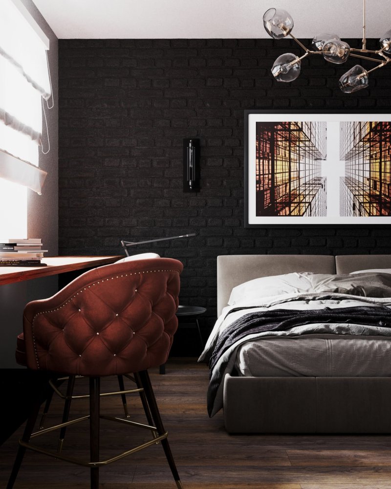 Loft -style bedroom in dark colors