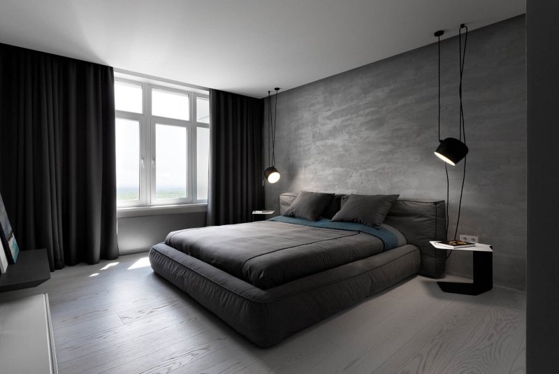 The interior of the bedroom in a modern style in gray tones