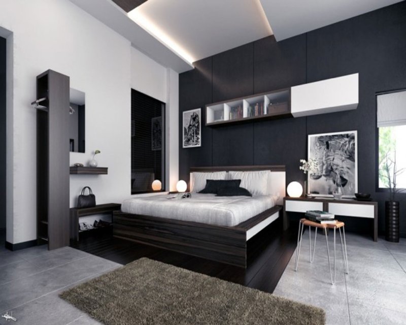 The bedroom in a modern style in dark colors