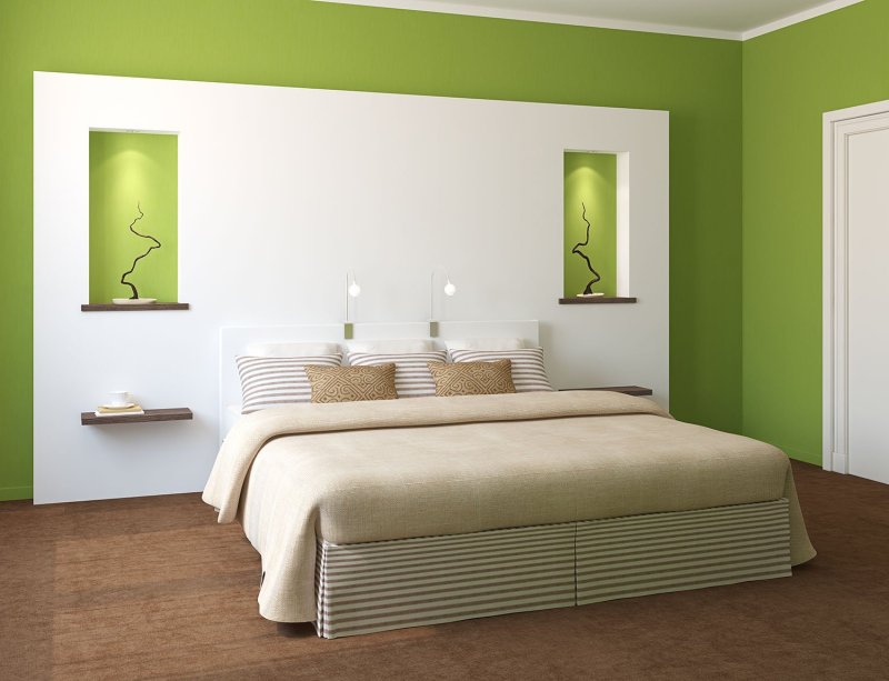 The interior of the bedroom in green colors