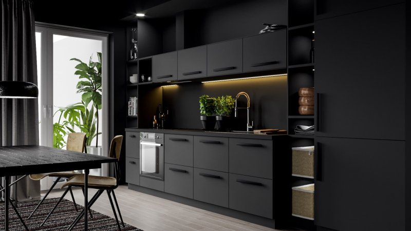 Black kitchen in the interior