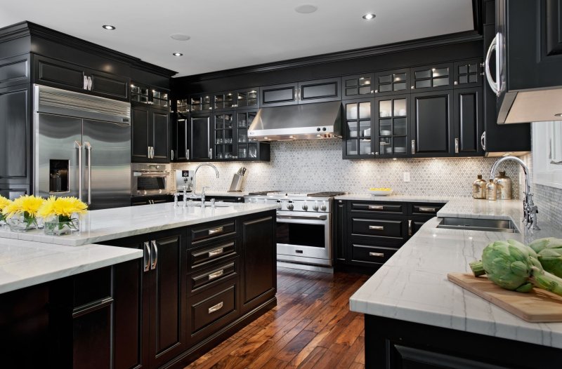 Black kitchen in the interior