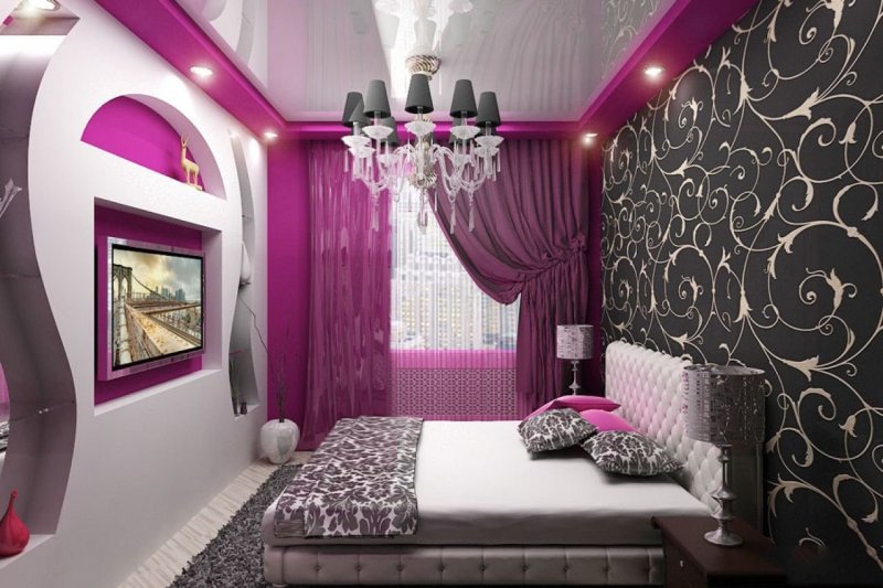 The purple interior of the bedroom