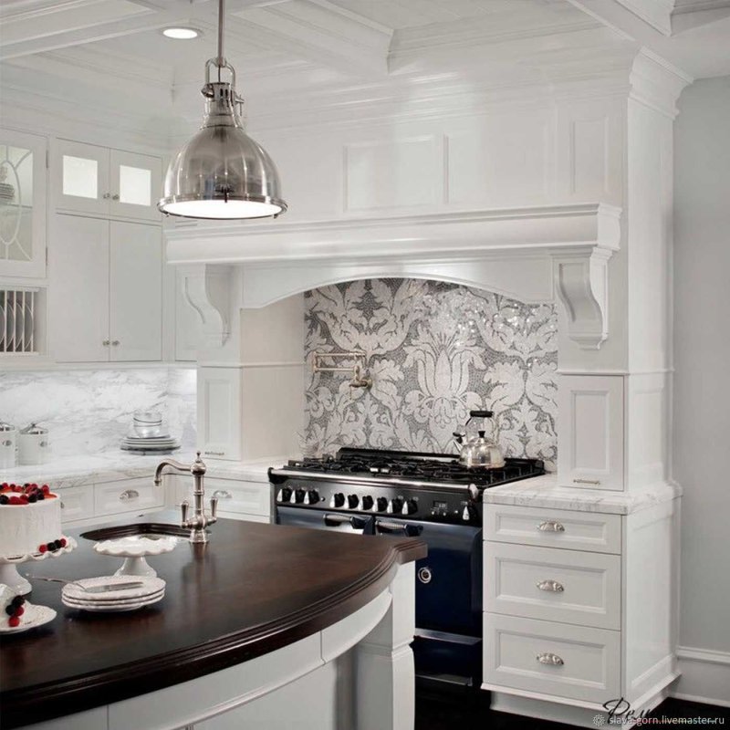 The kitchen is white neoclassic