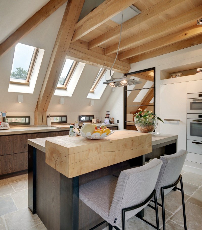 Kitchen on the attic under the bevel