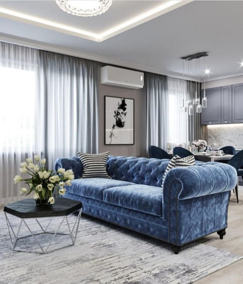 Gray blue sofa in the interior