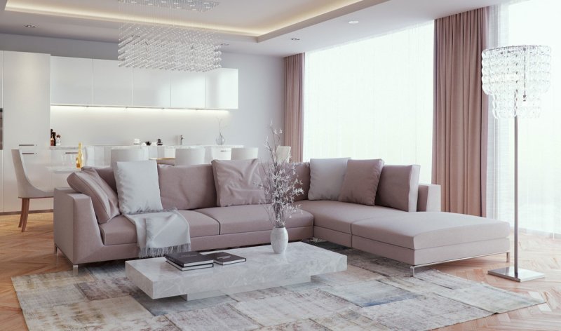 The interior of the living room in gray beige tones