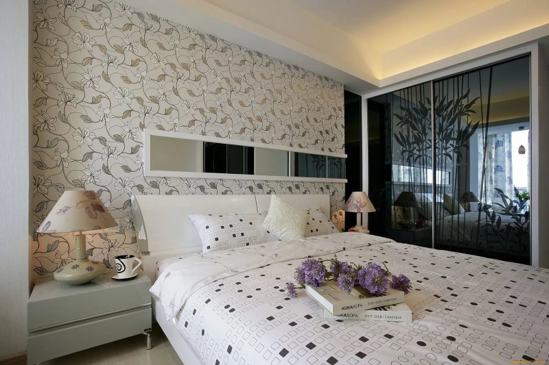 Bedroom interior with wallpaper