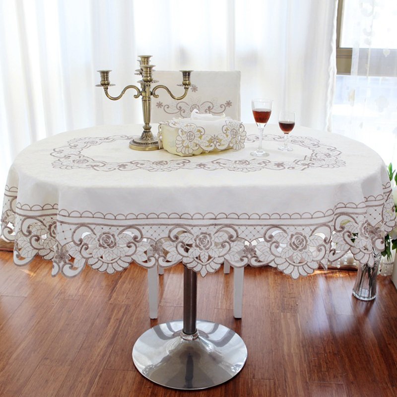 The tablecloth is oval