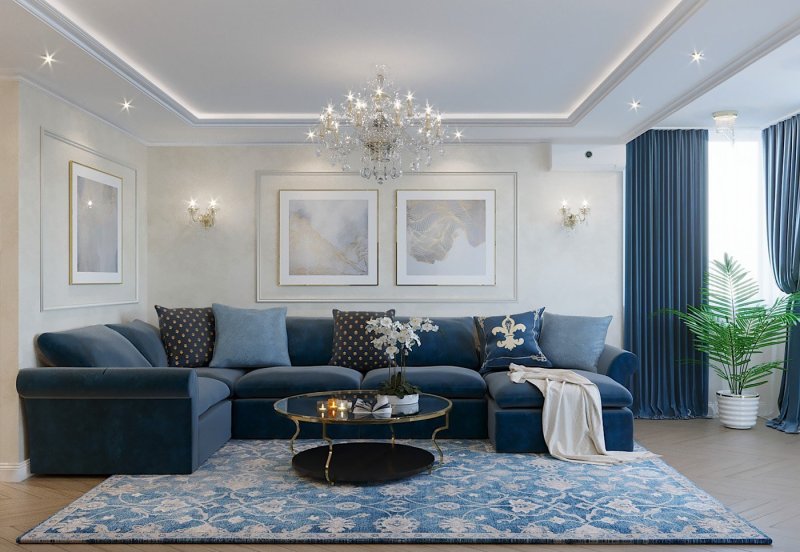 Living room with a blue sofa