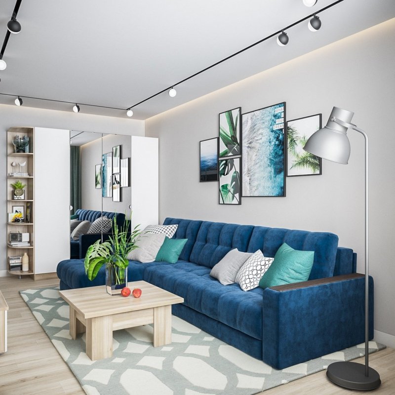 Living room with a blue sofa