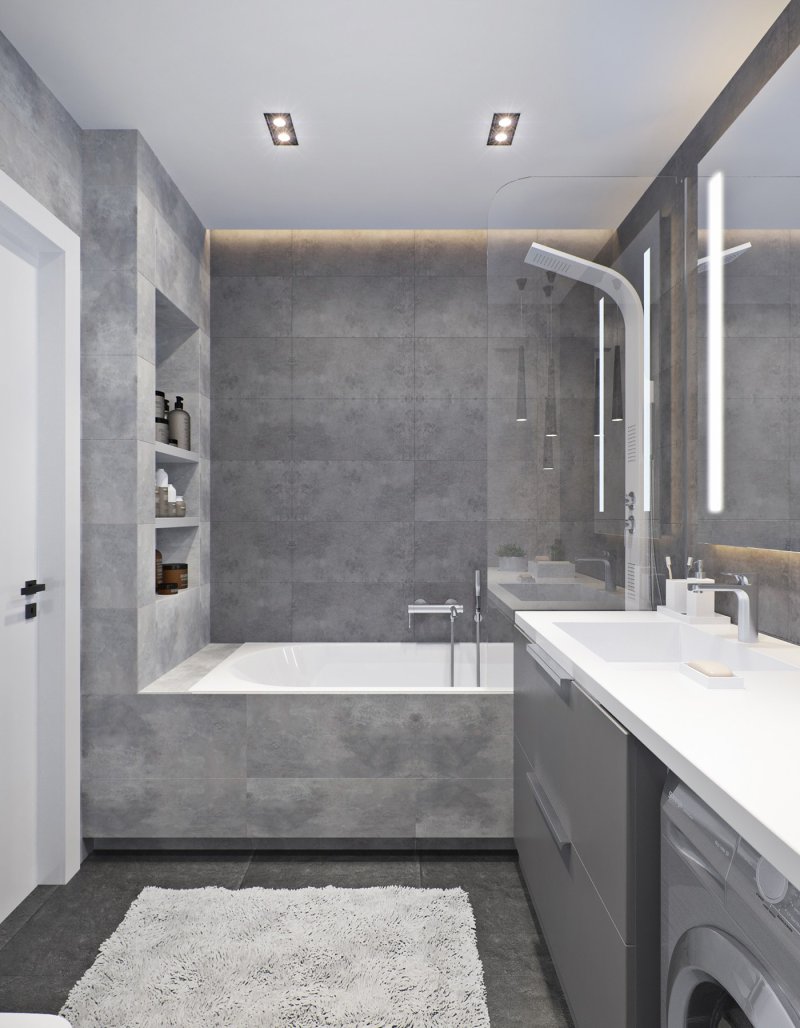 The design of the bathroom is gray