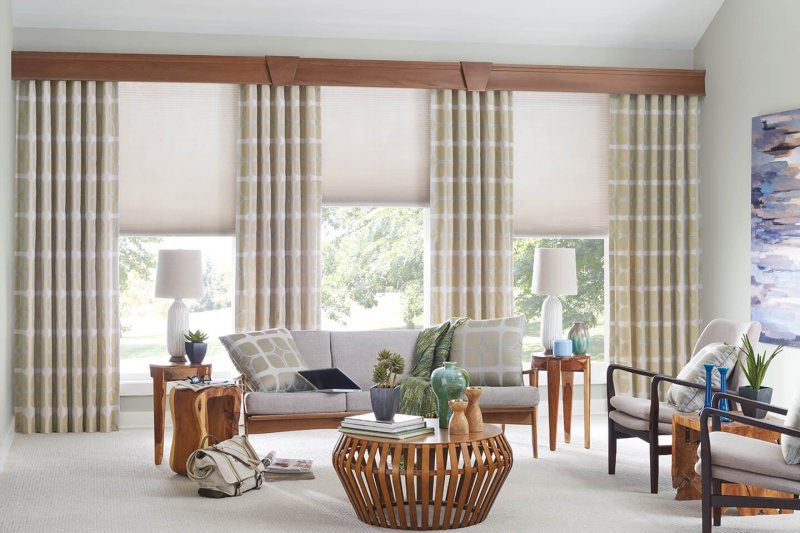 Wooden blinds in the interior of the living room