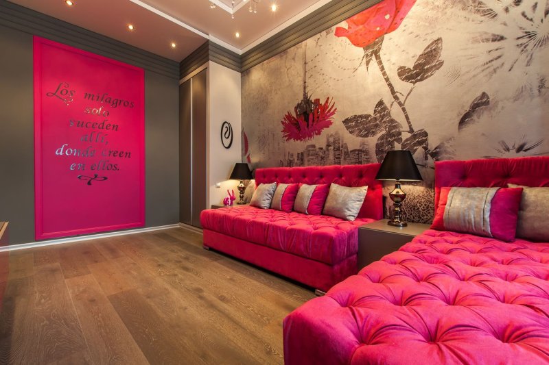 Raspberry sofa in the interior