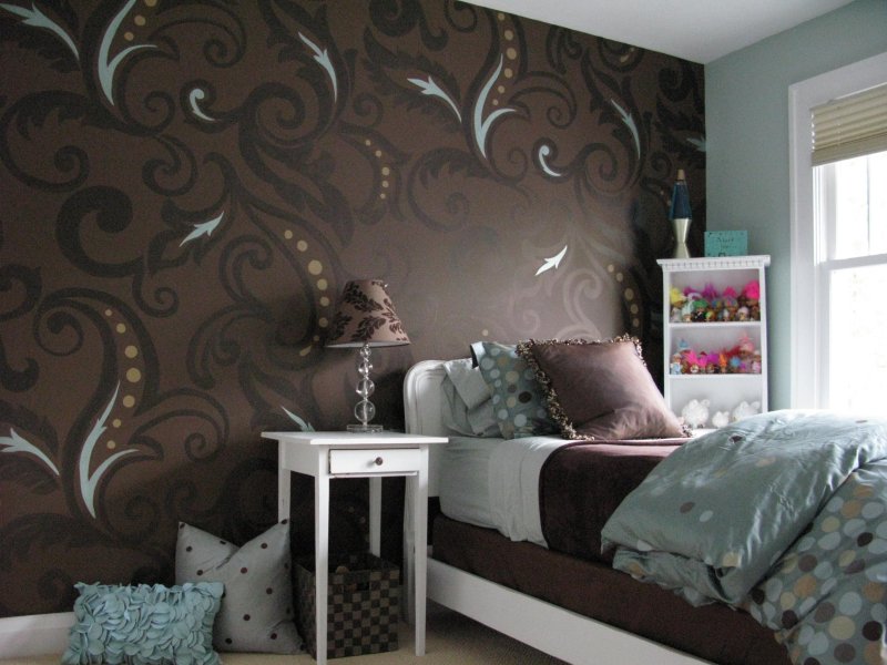 Bedroom interior with wallpaper