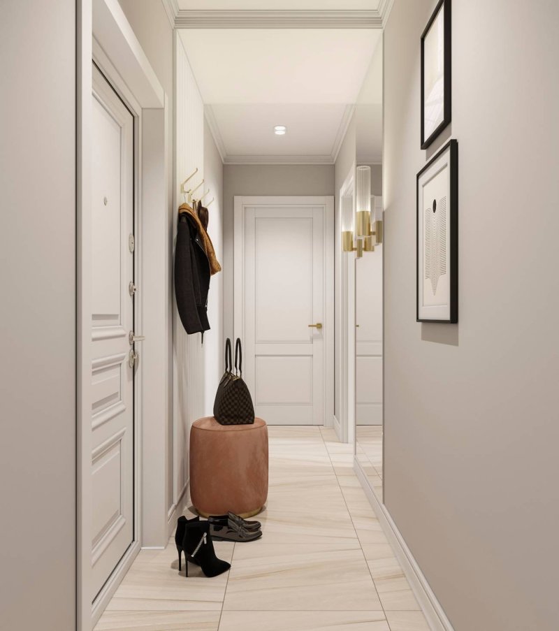 The interior of a narrow hallway in a modern style