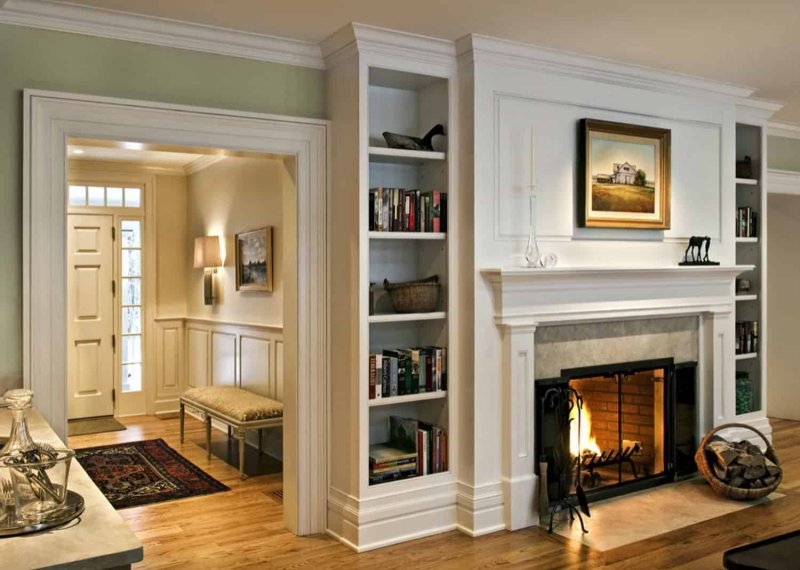 A fireplace with shelves