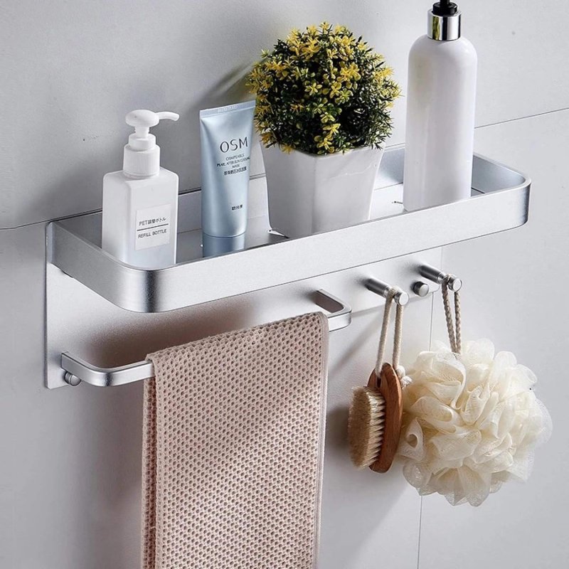 Shelf with hooks in the bathroom