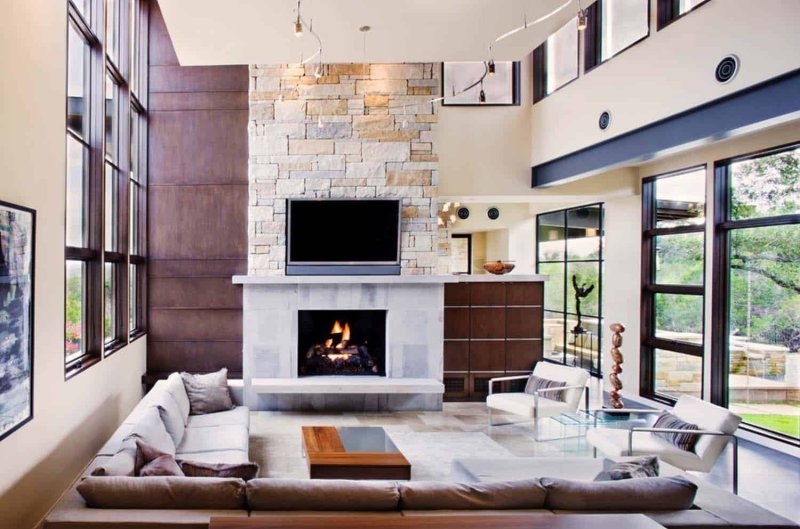 The living room with a fireplace