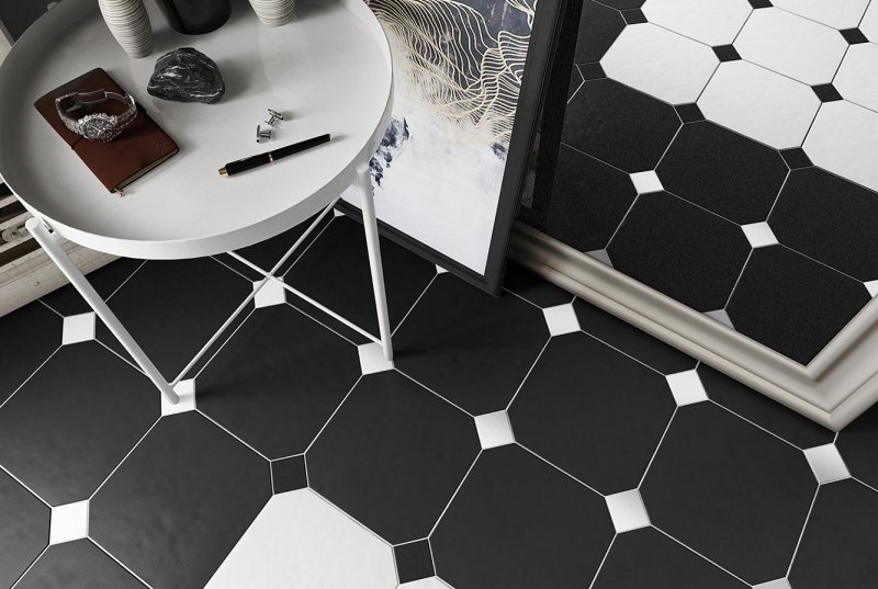 White tiles with black squares