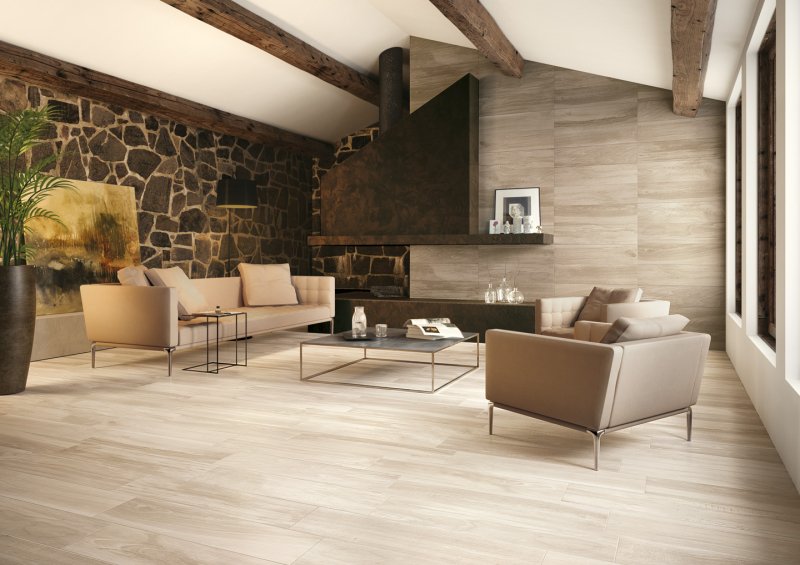 Porcelain tiles under a tree in the interior