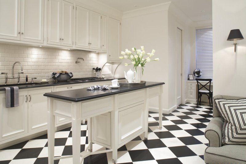 Kitchen with white tiles