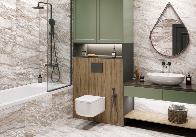 Bathroom with tiles under wood and marble