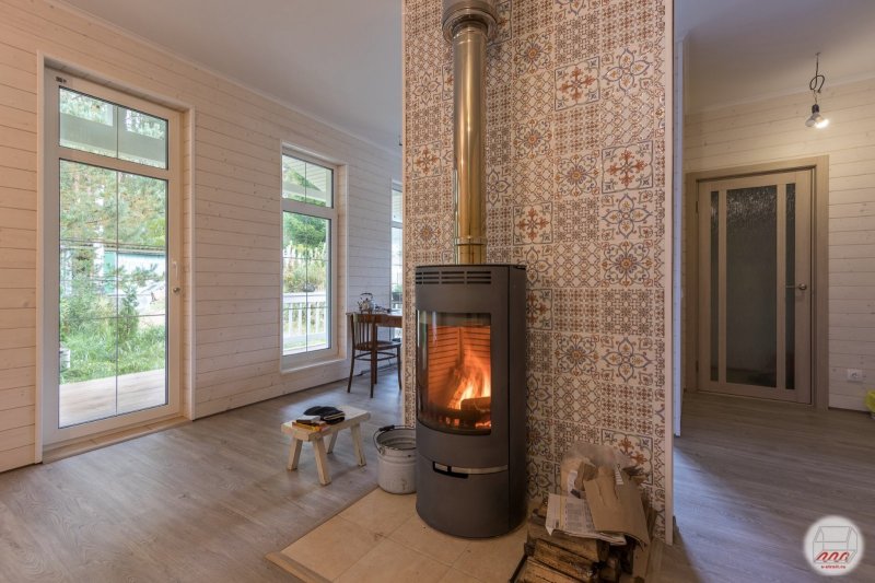 Wall decoration behind the stove fireplace