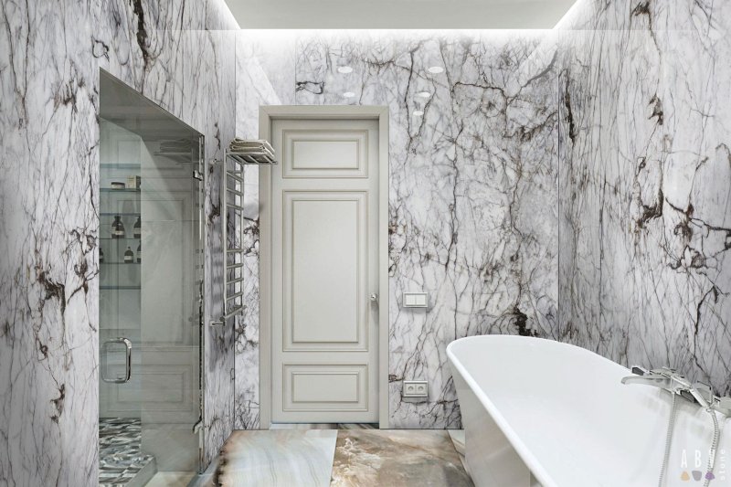 The bathroom is marble