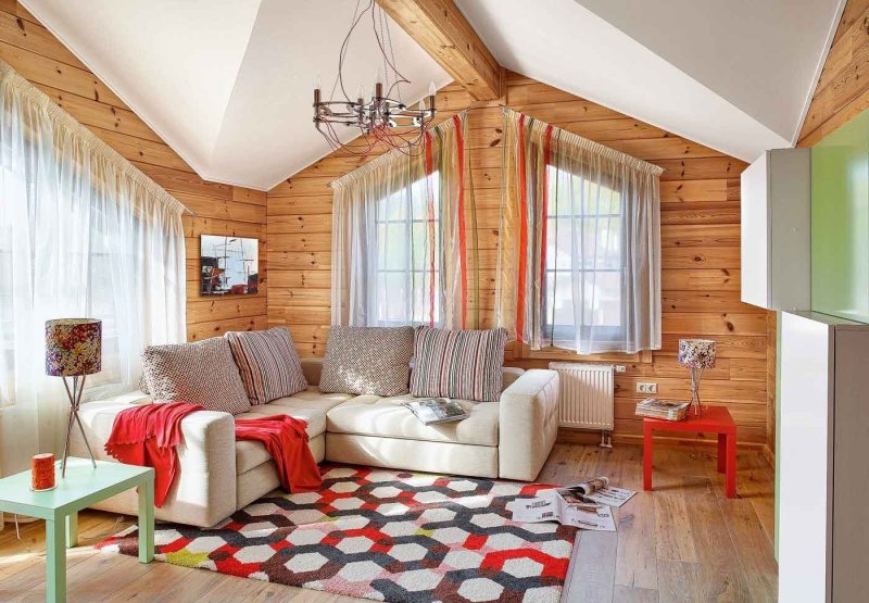 Living room interior in a wooden house