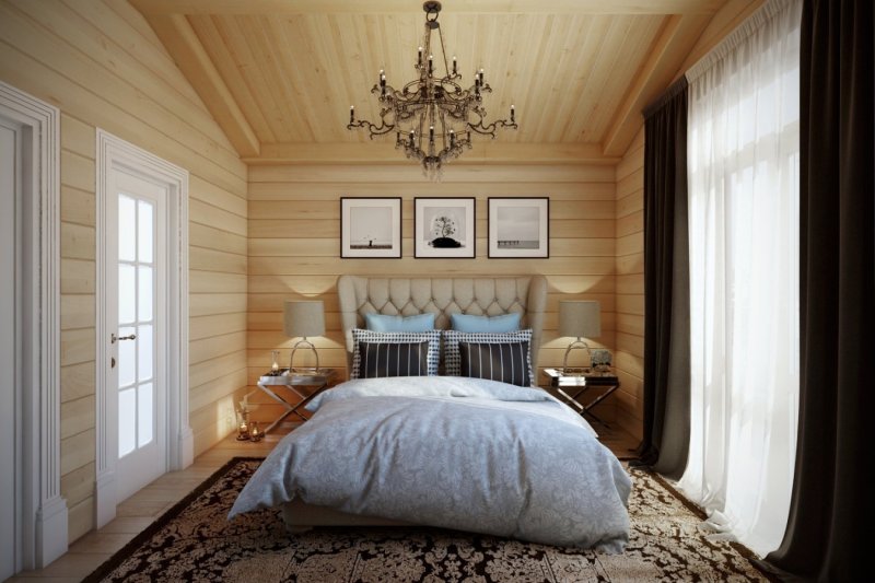 Bedroom interior in a wooden house