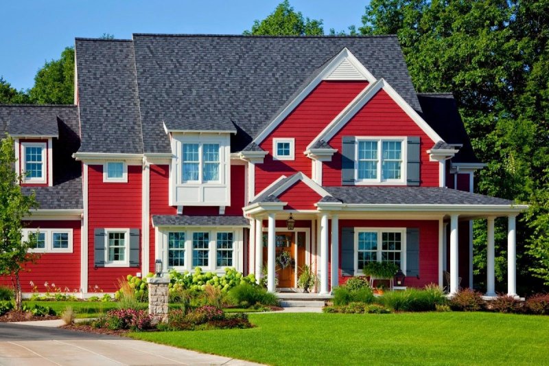 Red facade of the house