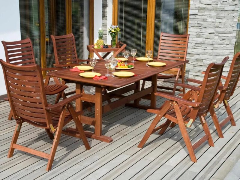 Patio furniture and wood terrace