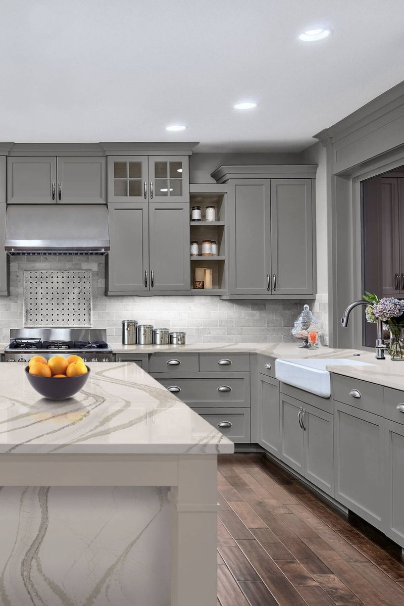 Stylish kitchen gray beige with windows