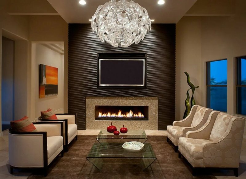 Electric fireplace in the interior of the living room with a TV in a modern style