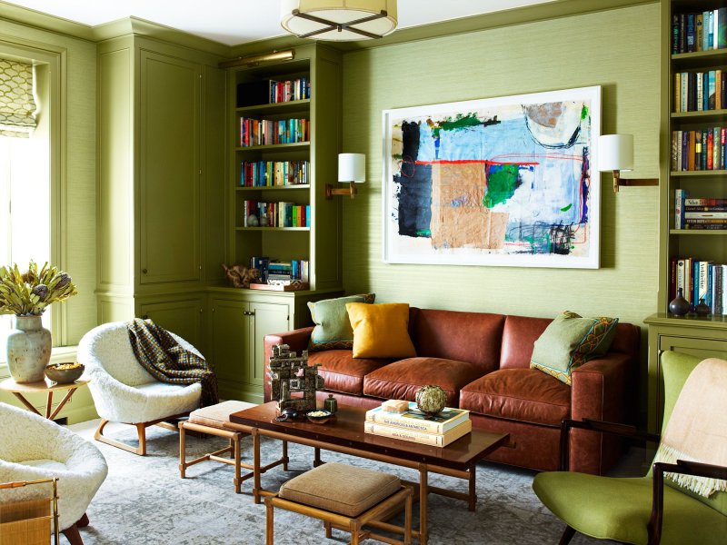 Living room with olive walls