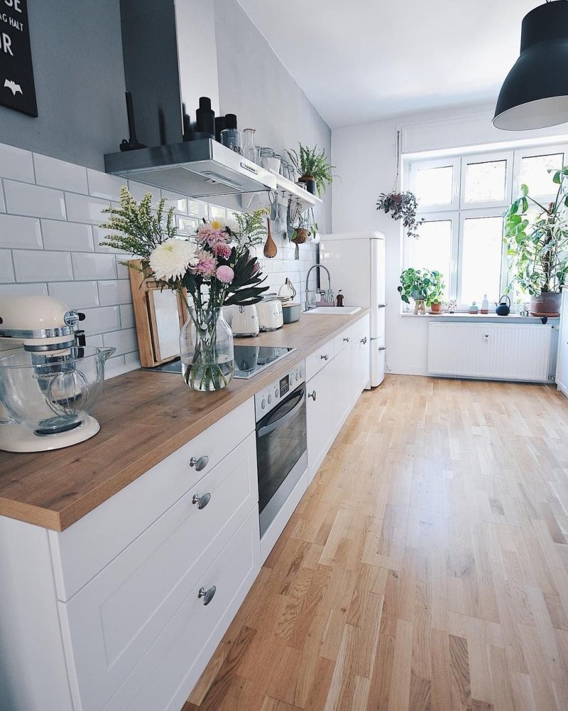 Scandinavian kitchen without upper cabinets