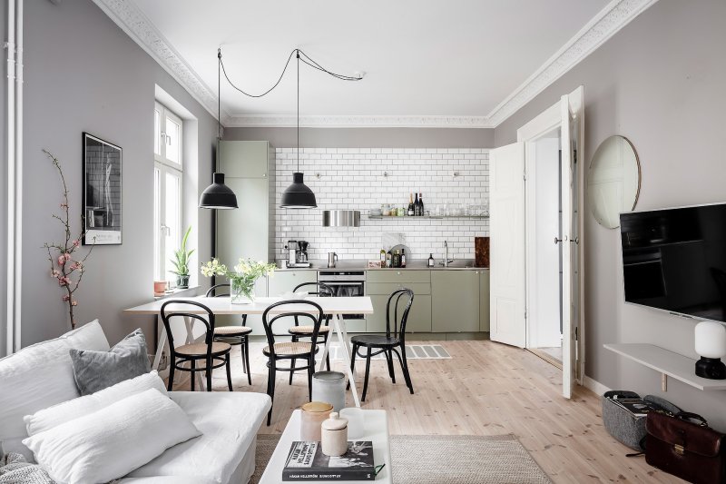 Scandinavian style in the interior of the kitchen of the living room