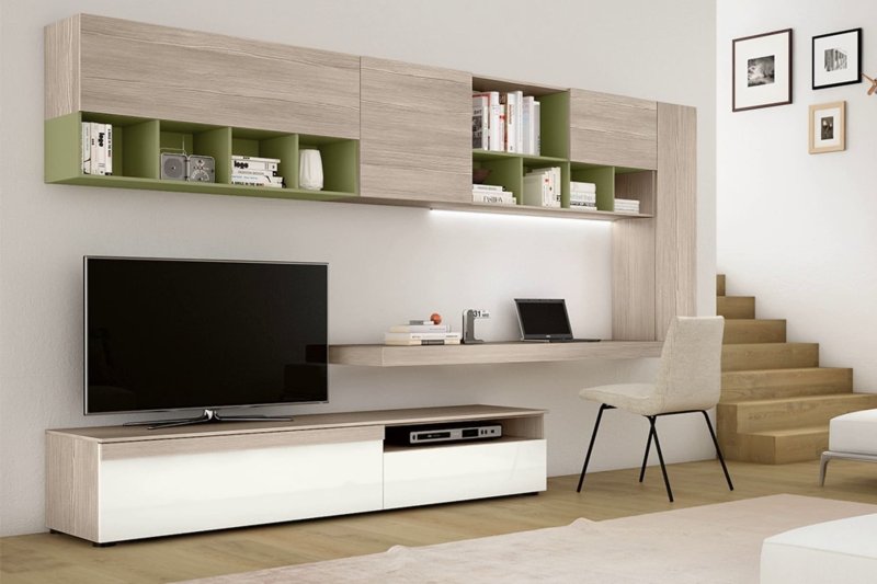 Wall in the living room with a computer table in a modern style