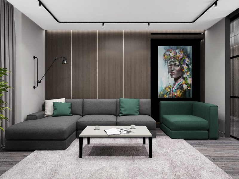 Living room interior with an emerald sofa