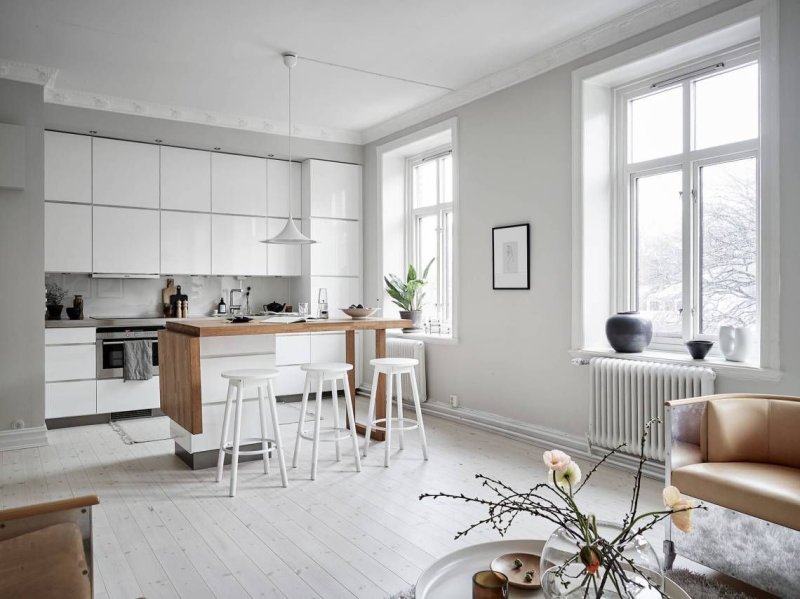 Scandinavian style in the interior of the kitchen of the living room