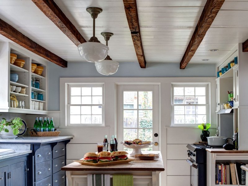 Kitchen with beams on the ceiling