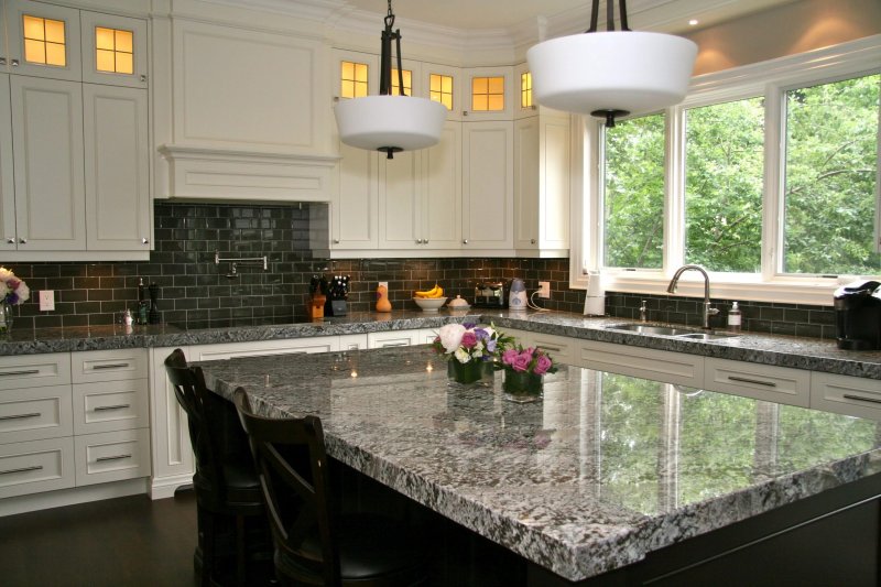 Gray kitchen with a marble tabletop