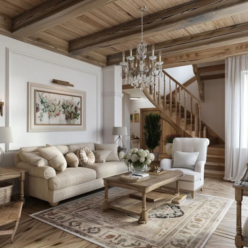 Interior of a country house in a shawl in light colors