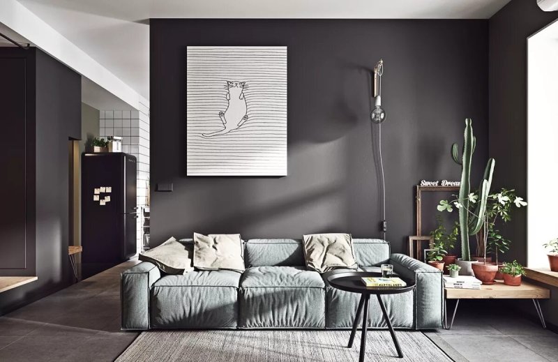 Dark gray walls in the interior